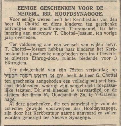 Nieuw Israëlietisch Weekblad 25 augustus 1933, pag. 5. Geschenken gezin G. Chottel voor Nieuwe Synagoge A'dam.