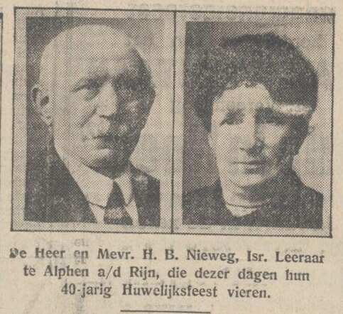 Nieuw Israëlietisch Weekblad  26 december 1930, pag. 4. Echtpaar H.B. Nieweg-Stoppelman 40 jaar getrouwd.