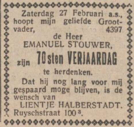 Nieuw Israëlietisch Weekblad  26 februari 1937, pag. 6. Verjaardagsadv. Emanuel Stouwer.
