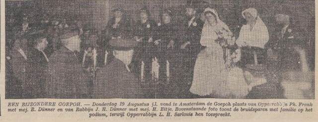 Nieuw Israëlietisch Weekblad 27 augustus 1937, pag. 5. Goepoh opperrabbijn Ph. Frank en B. Dinner (Dünner), rabbijn  J.H. Dinner (Dünner) en H. Eitje.