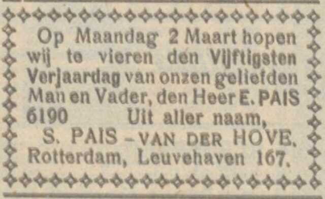 Nieuw Israëlietisch Weekblad 27 februari 1925, pag. 6. Adv. 50ste verjaardag Elkan Pais.