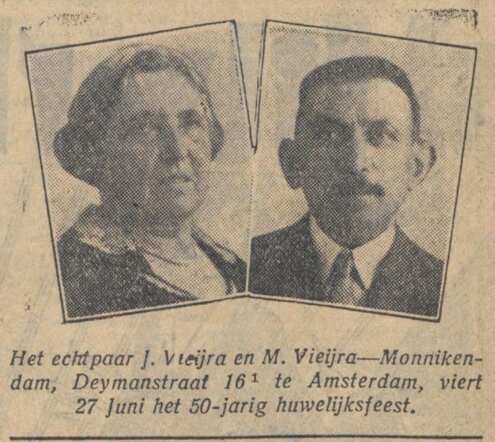 Nieuw Israëlietisch Weekblad 27 juni 1930, dag, pag. 5. Foto Jacob Vieijra en Margaretha Vieijra-Monnikendam.
