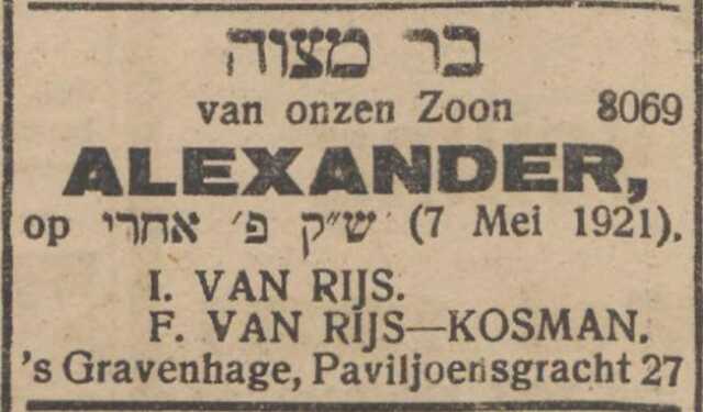 Nieuw Israëlietisch Weekblad  28 april 1921, pag. 7.   Adv. Bar Mitswah Alexander van Rijs.