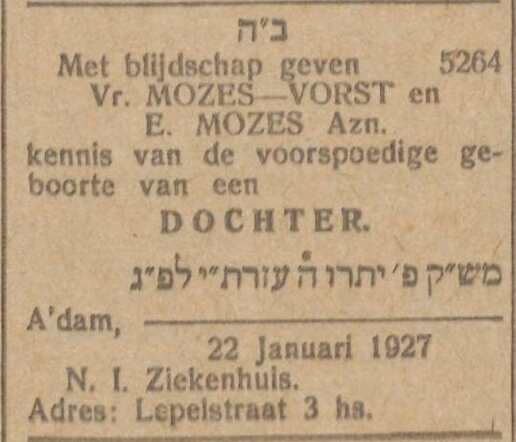 Nieuw Israëlietisch Weekblad  28 januari 1927, pag. 6. Geboorteadv. Ribca Joséfa Mozes.
