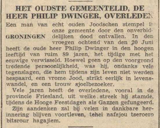 Nieuw Israëlietisch Weekblad  28 juni 1940, pag. 8. Bericht overlijden Philip Dwinger.