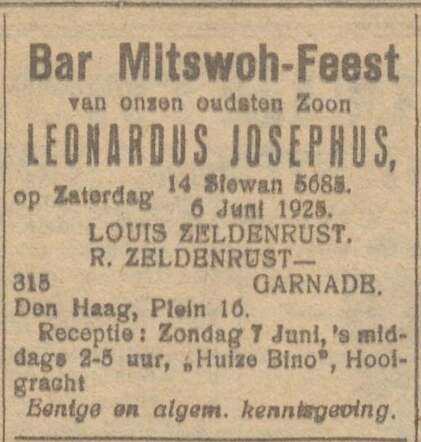 Nieuw Israëlietisch Weekblad 28 mei 1925, dag, pag. 6. Bar Mitswah Zeldenrust.