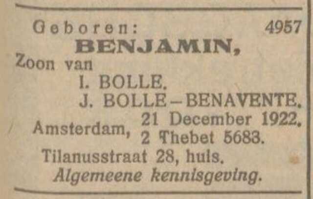 Nieuw Israëlietisch Weekblad, 29 december 1922, dageditie, pag. 7. Adv. geboorte Benjamin Bolle.