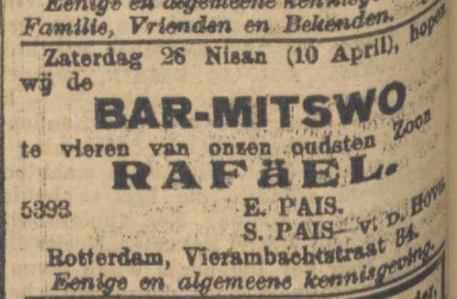 Nieuw Israëlietisch Weekblad 2 april 1915, pag. 6. Adv. Bar Mitswah Raphaël (Rafaël) Pais.