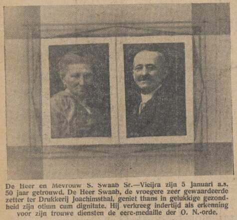 Nieuw Israëlietisch Weekblad 2 januari 1931, daged., pag. 4. 50 jaar huwelijk echtpaar S. Swaab sr.- Vieijra.