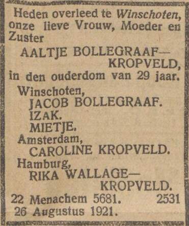 Nieuw Israëlietisch Weekblad 2 september 1921, dag, pag. 7. Overlijdensbericht Aaltje Bollegraaf-Kropveld.