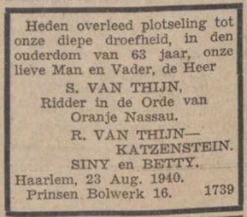 Nieuw Israëlietisch Weekblad 30 augustus 1940, dageditie, pag. 3. Overlijdensadv.  Salomon van Thijn.