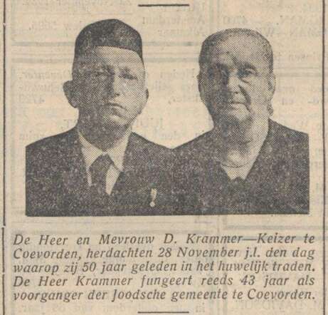 Nieuw Israëlietisch Weekblad 30 november 1934, pag. 5. Foto 50 jaar huwelijk echtpaar D. Krammer-Keizer.