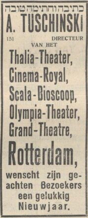 Nieuw Israëlietisch Weekblad, 30 september 1932, dag, pag. 19. Adv. met nieuwjaarswens van Abraham Icek Tuschinski.