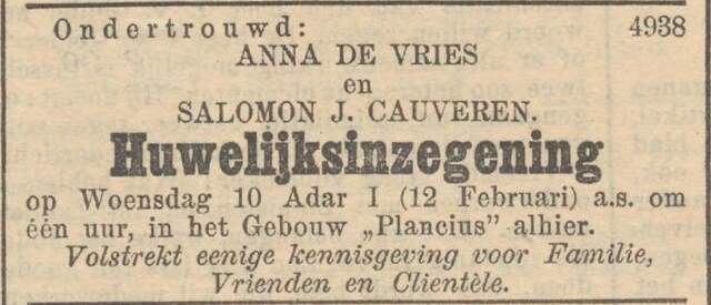 Nieuw Israëlietisch Weekblad  31 januari 1908, pag. 6. Huwelijksaankond. Salomon J. Cauveren en Anna de Vries.