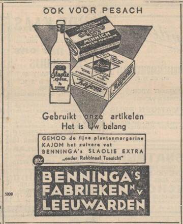 Nieuw Israëlietisch Weekblad, 31 maart 1933, dag, pag. 4. Adv. Benninga' s fabrieken Leeuwarden.