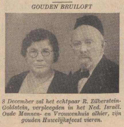 Nieuw Israëlietisch Weekblad, 3 december 1937, dageditie, pag. 5.  Gouden huwelijk echtpaar R. Zilberstein-Goldstein.