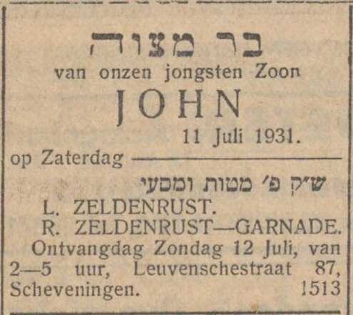 Nieuw Israëlietisch Weekblad 3 juli 1931, pag. 6. Bar Mitswah John Frederik Zeldenrust.