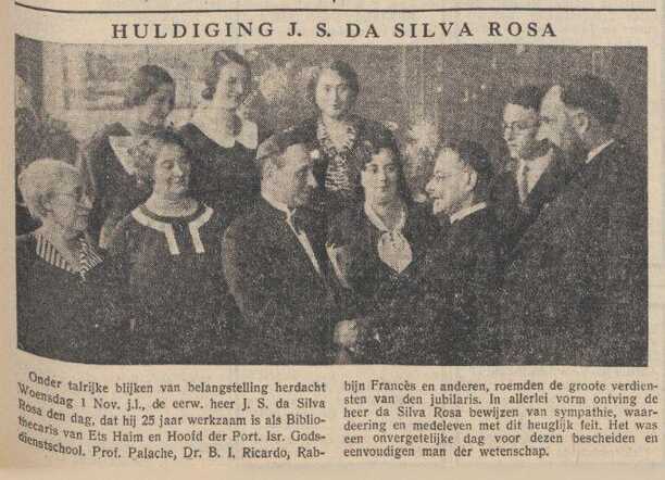Nieuw Israëlietisch Weekblad, 3 november 1933,  pag. 5. Huldiging Jacob S. da Silva Rosa.