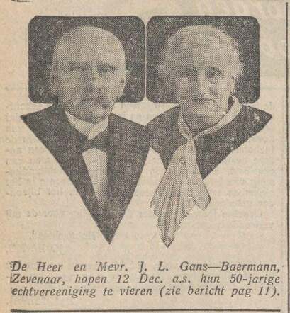 Nieuw Israëlietisch Weekblad 4 december 1931, pag. 11 en 12. Echtpaar J.L. Gans-Bermann (Baermann) 50 jaar getrouwd.
