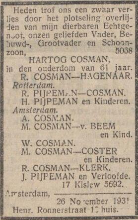 Nieuw Israëlietisch Weekblad 4 december 1931, pag. 7. Overlijdensadv. Hartog Cosman.