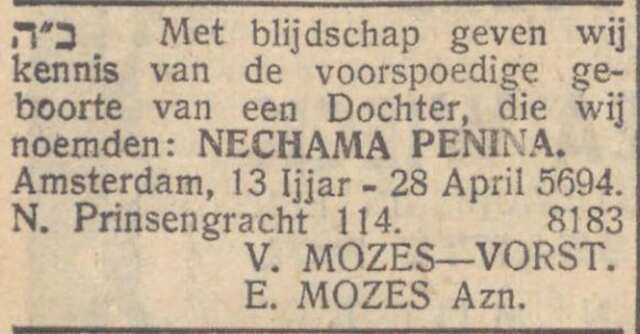 Nieuw Israëlietisch Weekblad 4 mei 1934, pag. 7. Geboortedadv. Nechama Penina Mozes.