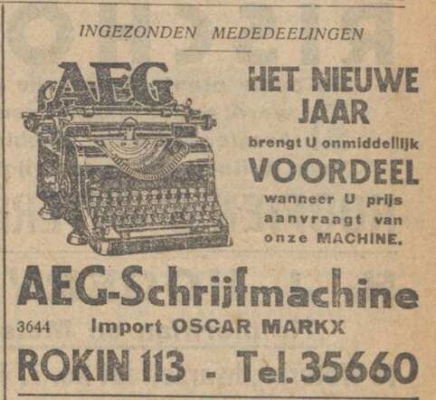 Nieuw Israëlietisch Weekblad 4 oktober 1929, pag. 3. Adv. AEG-schrijfmachine import Oscar Markx.