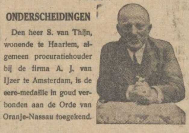 Nieuw Israëlietisch Weekblad, 4 september 1936,  dageditie, pag. 6. Salomon van Thijn onderscheiden.