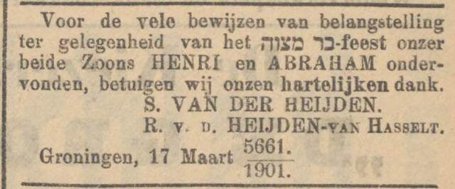 Nieuw Israëlietisch Weekblad 5 april 1901, pag. 9. Adv. Bar Mitzwah Henri en Abraham van der Heijden.