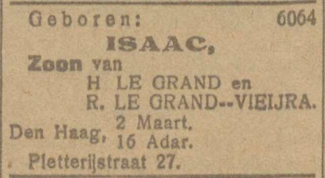Nieuw Israëlietisch Weekblad 5 maart 1926, pag. 6. Geboorteadv. Isaac le Grand.