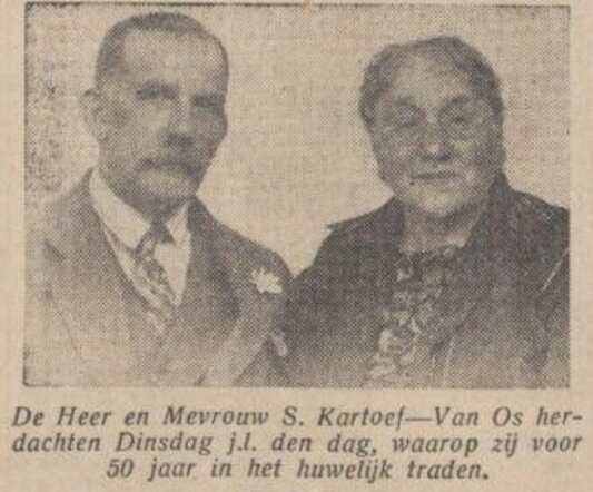 Nieuw Israëlietisch Weekblad 5 maart 1937,  pag 5.  Echtpaar S. Kartoef- van Os: 50 jaar huwelijk.