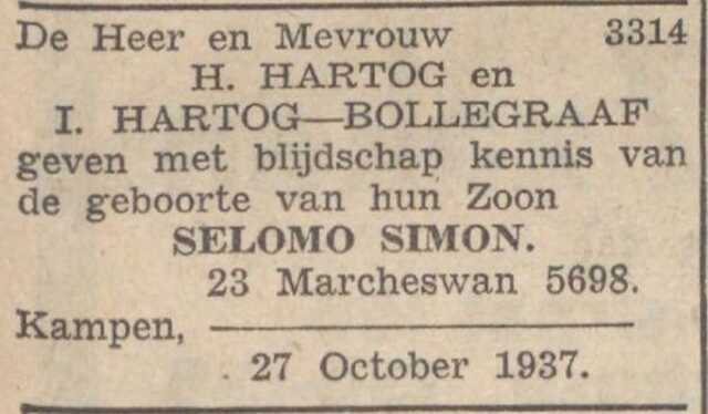 Nieuw Israëlietisch Weekblad 5 november 1937, dag, pag. 7. Familiebericht Selomo Simon Bollegraaf.