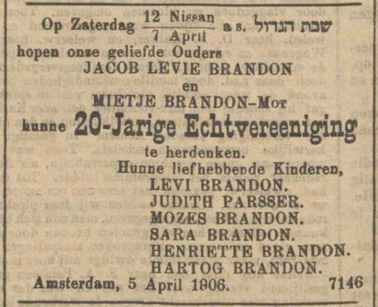 Nieuw Israëlietisch Weekblad 6 april 1906, dag, pag. 10. 20 jaar huwelijk gezin J.L. Brandon-Mot.