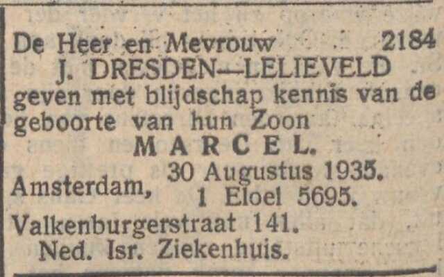 Nieuw Israëlietisch Weekblad  6 september 1935, pag. 6. Geboorteadvertentie Machiel (Marcel) Dresden.