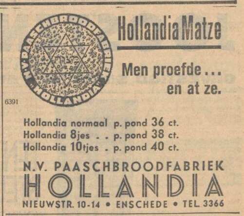 Nieuw Israëlietisch Weekblad 8 maart 1935, daged., pag. Adv. N.V. Paaschbroodfabriek Hollandia.