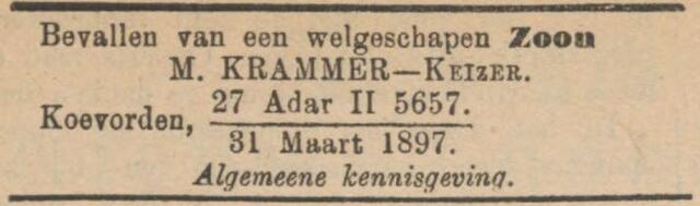 Nieuw Israëlietisch Weekblad 9 april 1897, pag. 10. Geboorte Andries Krammer.