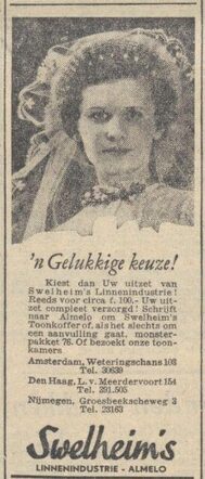 Nieuw Israëlietisch Weekblad 9 februari 1940, pag. 12. Adv. Swelheim's linnenindustrie.