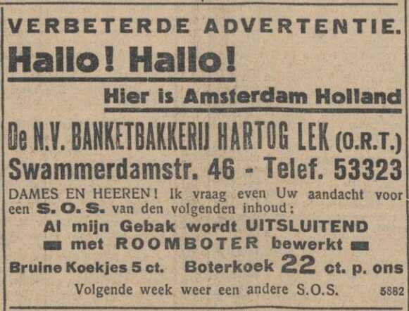 Nieuw Israëlietisch Weekblad, 9 januari 1931, daged., pag. 4. Adv. Hartog Lek.