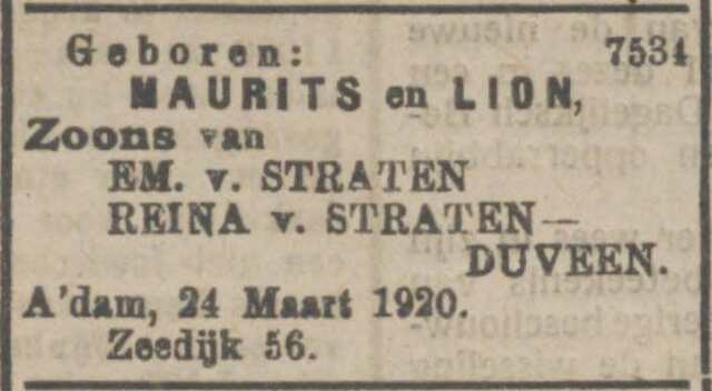 Nieuw Israëlietisch Weekblad, pag. 6. Adv. geboorte Maurits en Lion van Straten.