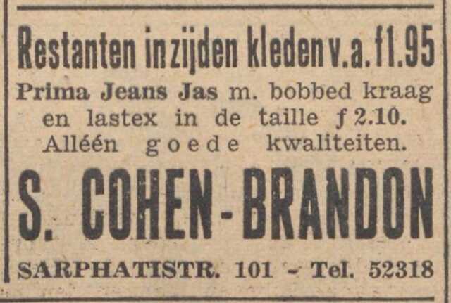 Nieuw Israëlietisch Weekblad 26 juli 1940, pag. 3.  Adv.  S. Cohen-Brandon.
