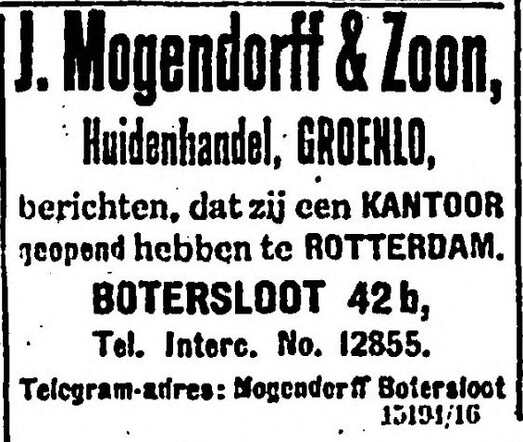 Nieuwe Rotterdamsche Courant 25 maart 1917, dag, pag. 4. Advertentie J. Mogendorff &  Zoon huidenhandel Groenlo.