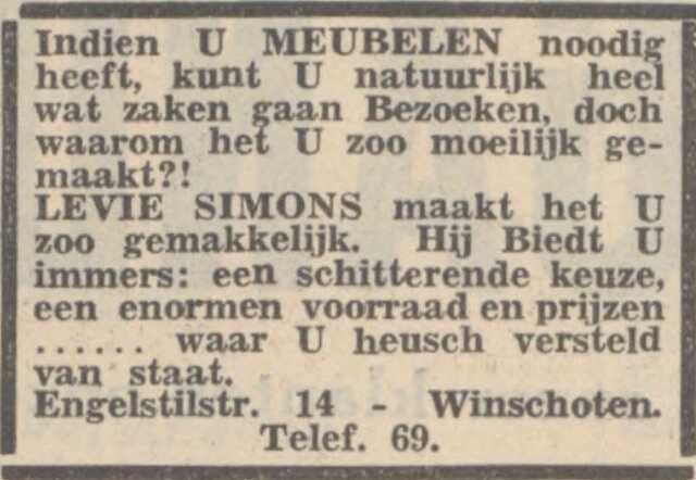 Nieuwsblad van het Noorden, 10 februari 1940, dag, pag. 15. Adv. Levie Simons.