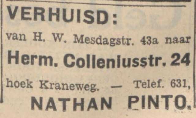 Nieuwsblad van het Noorden, 12 april 1933, dag, pag. 11. Adv. Nathan Pinto.