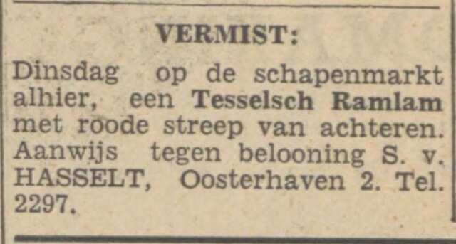 Nieuwsblad van het Noorden, 12 december 1935, dag, pag. 7. Adv. Samuel van Hasselt.