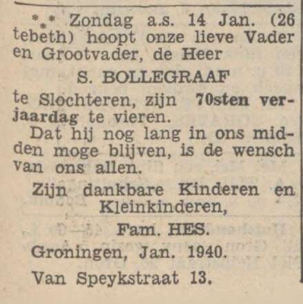 Nieuwsblad van het Noorden 12 januari 1940, dag, pag. 7. Adv. Samuel Bollegraaf.