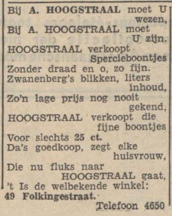 Nieuwsblad van het Noorden, 12 maart 1940, dag, pag. 15. Adv. in rijm van Abraham Hoogstraal.