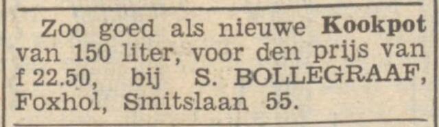 Nieuwsblad van het Noorden, 15 maart 1939, dag, pag. 8. Adv. S. Bollegraaf.