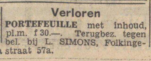 Nieuwsblad van het Noorden, 17 april 1941, pag. 12. Adv. Levie Simons.