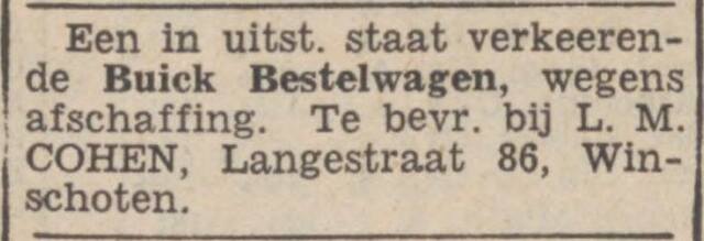Nieuwsblad van het Noorden 17 augustus 1937, dag, pag. 8. Adv. Levie Moses Cohen.