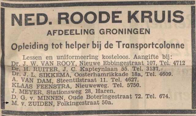 Nieuwsblad van het Noorden, 17 oktober 1936, dag, pag. 19. Maurits van Zuiden in adv. NRK afd. Groningen Transportcolonne.