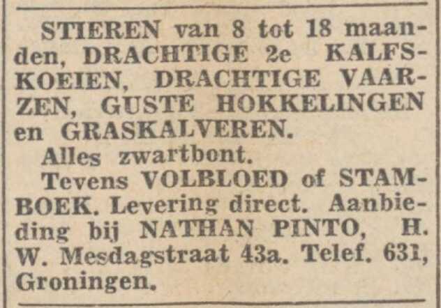 Nieuwsblad van het Noorden, 18 februari 1933, dag, pag. 8. Adv. Nathan Pinto.